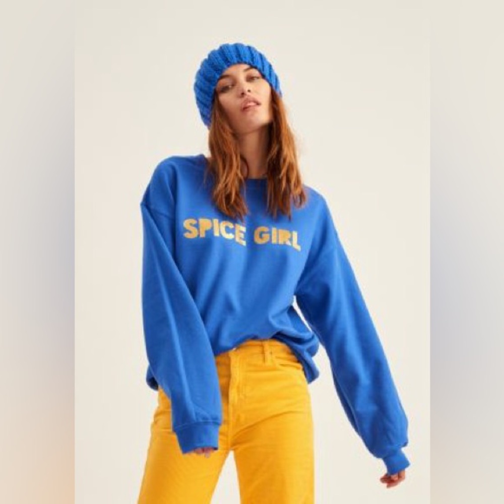 Modetrotter “SPICE GIRL” Blue Gold Sweatshirt S Made in France Retro Pop Cozy